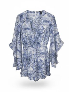 Aqua Blue and White Paisley V-Neck Ruffle Sleeve Romper